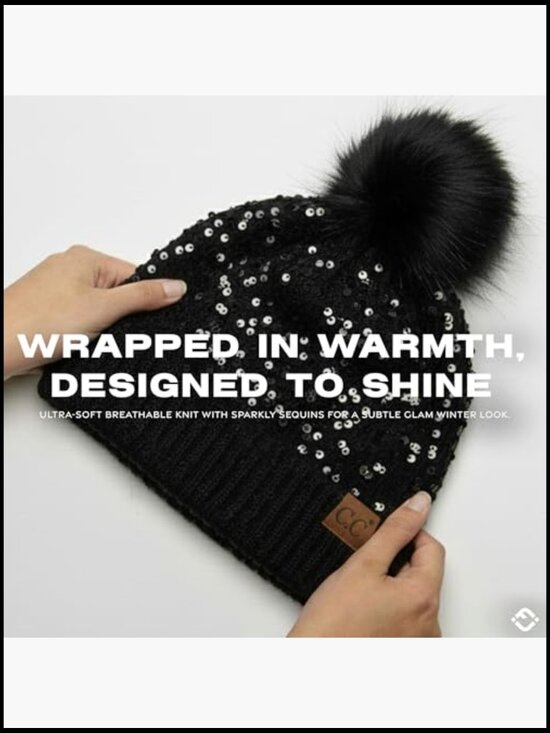 Sequin Pom Beanie – Soft Knit Faux Fur Pom Glitter Sparkly Winter Hat for Women